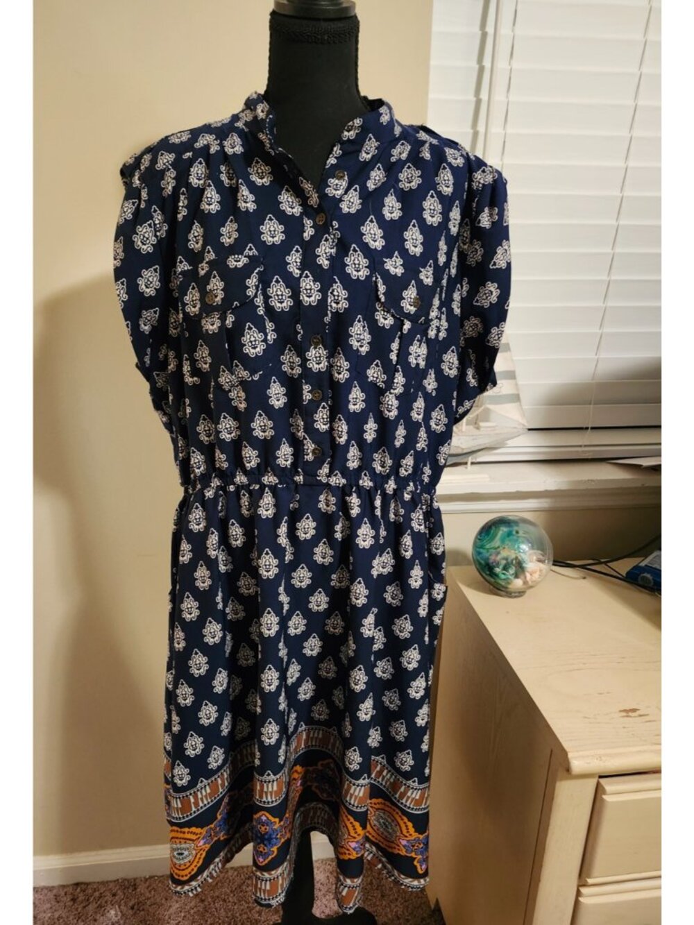 Speed Control 3X Navy Paisley Boho Chic Button Up Shirt Dress Short Sleeve Work